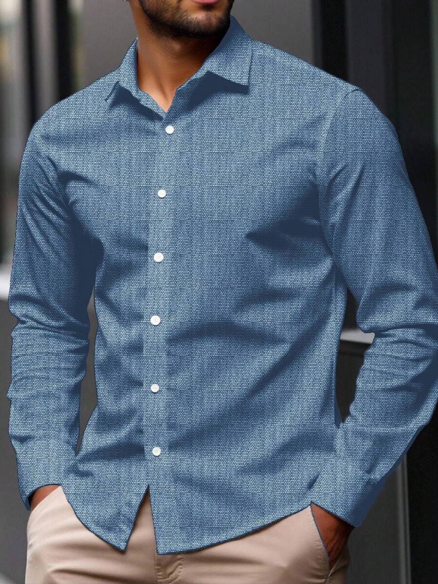 Manfinity Homme Plus Size Men's Simple Blue Long Sleeve Casual Shirt Business Casual Men Shirt Blue Dress Shirt For Men Textured Shirt Men Luxury Shirts Blue Designer Shirt, Fall