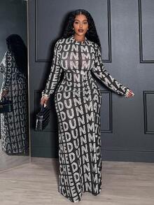 Veslaya Spring/Autumn New Elegant Sexy & Party & Date & Evening & Graduation & Wedding & Birthday Party Banquet Fitted Sheer Mesh English Letter Print Long Sleeve Round Neck Waist Ruched Maxi Plus Size Dress - A - Black - View 3