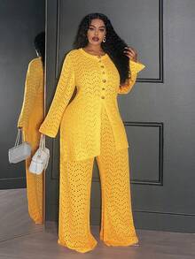 Veslaya Amarillo Mostaza,Otoño,Casual Elegante,Conjunto de 2 Piezas de Punto para Mujer Talla Grande,Conjunto de Cárdigan de Crochet de Manga Larga y Pantalones,Atuendo de Estilo Callejero Occidental - Amarillo - Ver 11