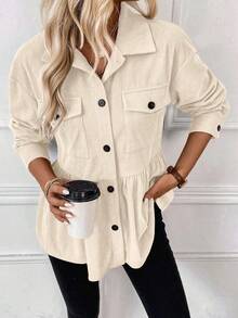 EMERY ROSE Women's Casual Corduroy Single-Breasted Long Sleeve Regular Jacket - Beige - View 3