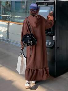 DAZY 女士纯色简约连帽长袖保暖长连衣裙，休闲日常穿着长款连衣裙 - 棕色 - 查看 5