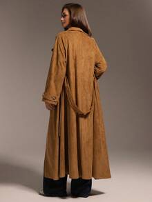 Hanevo Women's Autumn/Winter Street Fashion Casual Faux Suede Lapel Double-Breasted Long Sleeve Belted Long Trench Coat - Brown - View 2