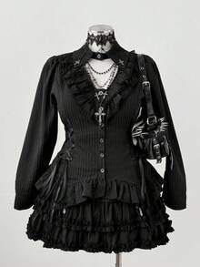 Sunspun Blusa de manga larga con cuello hueco asimétrico y volantes en el bajo, para mujer de talla grande, ropa de otoño - Negro - Ver 4