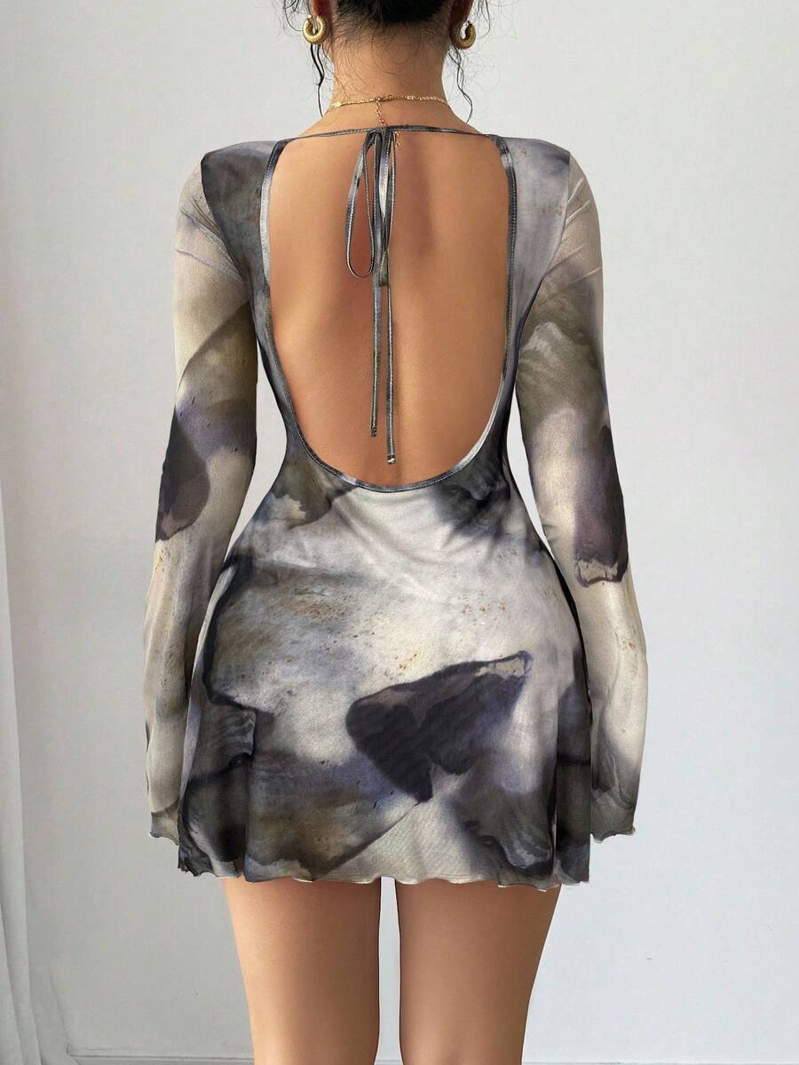 Firerie Women's & Elegant Light Grey,Autumn,Seductive,Night Out Club Mesh Tie-Dye Watercolor Print Backless Tie Flare Sleeve Mini Dress For Fall Party - Multicolor - View 1