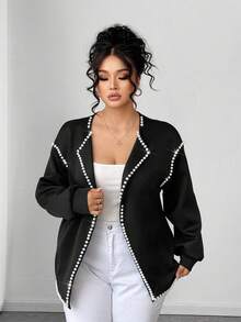 Elenzga 永不过时：哥特式预科风，融入周三元素。拥抱你内心的阴影，展现女性的暗黑时尚。大码女式优雅针织长袖串珠装饰黑领开衫 - 黑色 - 查看 1