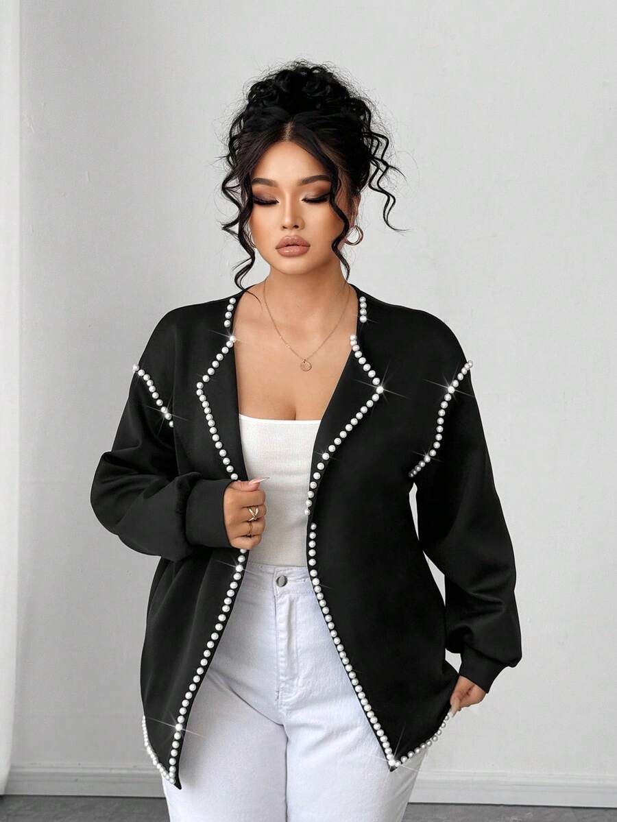 Elenzga 永不过时：哥特式预科风，融入周三元素。拥抱你内心的阴影，展现女性的暗黑时尚。大码女式优雅针织长袖串珠装饰黑领开衫 - 黑色 - 查看 1