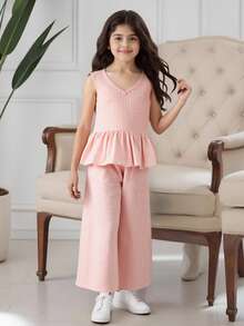 青少年女孩宽松休闲韩版肩带荷叶边下摆上衣和裤子两件套 - 粉色 - 查看 1