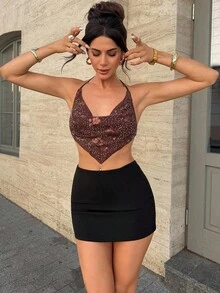 Firerie Women's Mesh Sequin Backless Tie-Up Draped Neck Camisole Brown Floral,Summer,Street Wear Y2k,Club Night, Beaded Coffee Color Crop Top,Beach,Boho - Coffee Brown - View 7