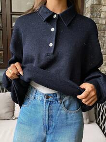 DAZY 女式宽松 Polo 领亮面面料长袖运动衫 - 藏蓝色 - 查看 3