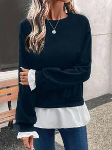 SHEIN LUNE 女士休闲二合一撞色套头卫衣，毕业季、教师节、返校季秋季款 - 藏蓝色 - 查看 6