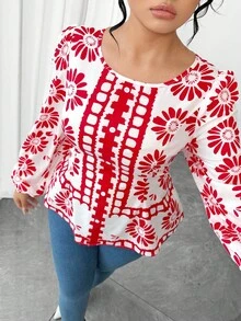 SHEIN Elenzya Áo cánh dài tay ôm sát cổ tròn in họa tiết cho nữ, áo khoác ngoài thường ngày - Nhiều màu - Xem 6