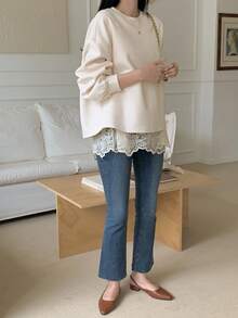 DAZY Women's Lace Patchwork Loose Pullover Casual Sweatshirt - Apricot - View 4