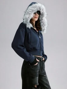 Airlisse 毛领短款拉链连帽卫衣夹克 - 藍色 - 查看 6