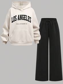 Girlism Teen Girl Autumn/Winter Letter Print Drop Shoulder Long Sleeve Hoodie With Pocket And Wide Leg Pants Casual Suit, Suitable For Sports, Business Casual Fall - Multicolor - View 13