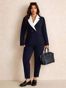 Elaquor Conjunto de traje de mujer de talla grande, elegante y minimalista en azul marino, compuesto por chaqueta tipo blazer + pantalón largo, adecuado para el transporte urbano en otoño/invierno
