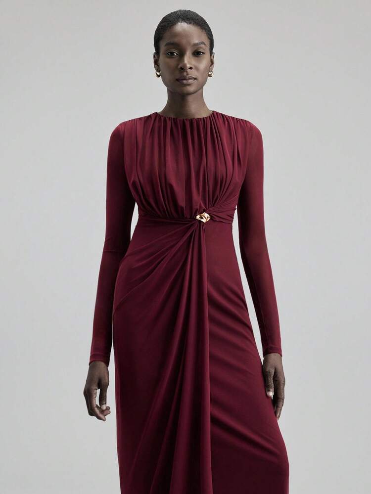 Women Long Dresses Modern Urban Casual Fashion Business Casual Women's Office Wear Low-Key Old Money Style Effortless Temperament High-End Urban Commuting High-Quality Airport Women's Wear High-End Material Christmas Women's Clothing Low-Key And Durable Basic Style, All-Match And Suitable For Everyone, Street Fashion Wear, Coffee Shop Wear, Relaxed Wear All-Season Maroon Dress Draped Dress Wine Dress Long Sleeve Dress Elegant Dress High-End, Elegant, Old-Fashioned Cruise Attire For Wedding Guest