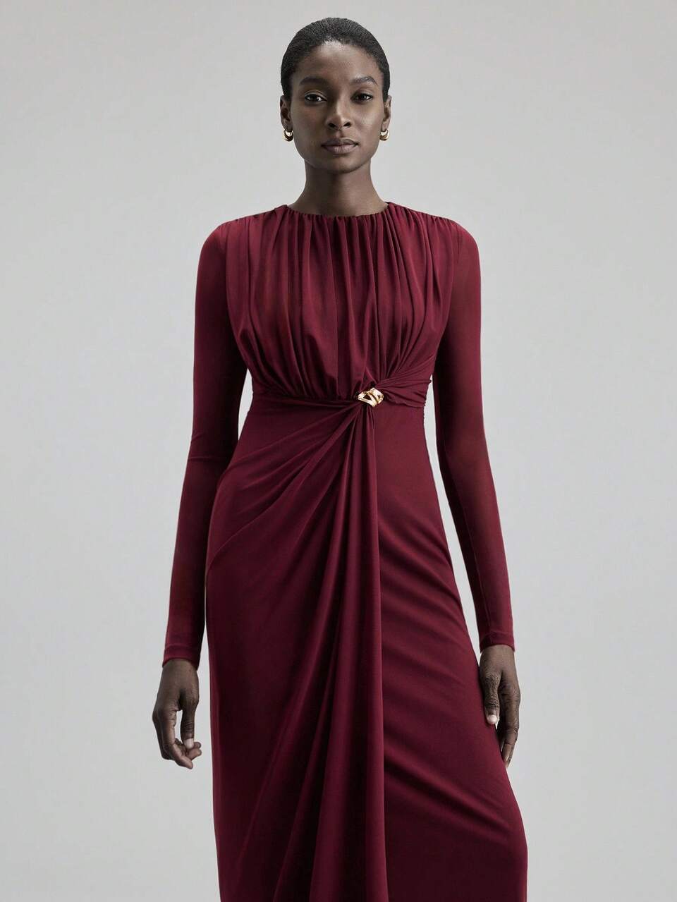 Women's Burgundy Long Sleeve Dress,Elegant Autumn Draped Office Wear,Old Money Style High-End Urban Commuting Dining Wedding Guest Cruise Attire