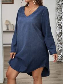EMERY ROSE Große Größen Lässiges Denim Kleid mit vorne kurz hinten lang Design, Große Größen Denim Kleid Langarm Denim Kleid Damen Denim Kleid Chambray Kleid