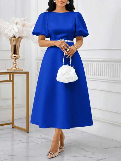 SHEIN Lady 女士优雅纯色泡泡袖连衣裙春夏优雅长袖 A 字裙主教袖白色婚礼情人节酒会大码连衣裙服装舞会礼服秋季女士连衣裙节日连衣裙白色连衣裙希腊女神裙白色毕业礼服