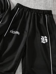 SHEIN 2pcs/Set Casual Streetwear Outfit For Teenage Boys, Loose Fit Letter Print Hoodie And Straight Leg Pants With Contrast Stripe Design Fall Winter