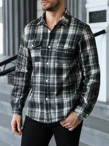 Manfinity CasualCool 男士纽扣前长袖格子夹克，休闲日常装，秋季男装，冬季男士夹克，保暖夹克，格子衬衫 - 彩色 - 查看 3