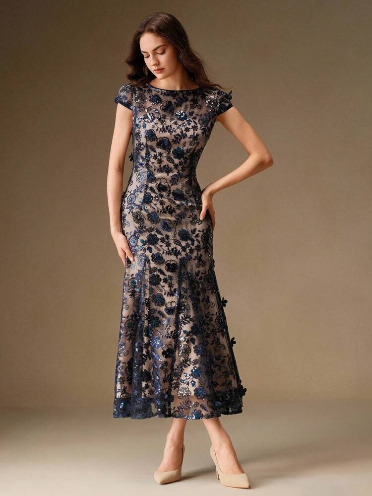 Anewsta Champagne Elegant Floral Embroidered Mesh Overlay Short Sleeve Dress, Suitable For Party, Date, Resort Wear, Spring/Summer - Navy Blue - View 4