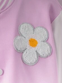 SHEIN Girls' Casual Colorful 3D Floral Contrast Color Baseball Jacket, Spring/Autumn Fall Winter - Purple - View 7