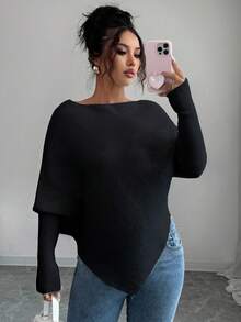 Elenzga Women's Asymmetrical Shoulder Batwing Sleeve Casual Elegant Knit Sweater Top, Versatile For Vacation & Holidays, Spring/Autumn/Winter - Black - View 5