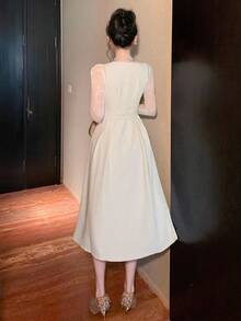 DAZY Women's Elegant V-Neck Sleeveless Belted Mid-Length Dress, Party Wear - Beige - View 2