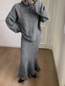 DAZY Women's Casual Solid Color Turtleneck Sweater And Skirt 2 Pieces Set, Autumn