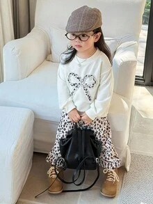 DAZY 2 件套女婴圆领蝴蝶结装饰韩版卫衣和豹纹印花套装秋冬 - 杏色 - 查看 4