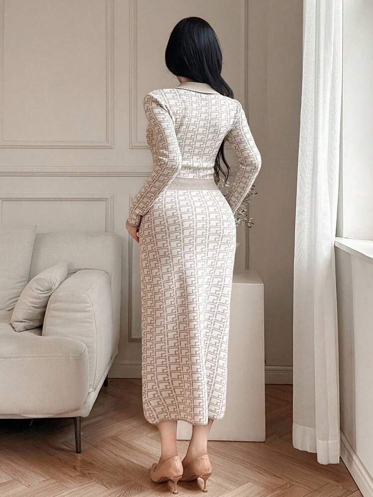 Women's Elegant Plaid Lapel Sweater Dress, Autumn