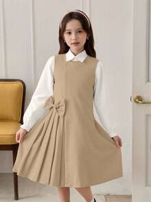 2件套女童可爱甜美休闲衬衫和蝴蝶结连衣裙，秋冬 - 卡其色 - 查看 1