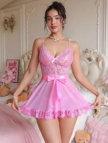 SHEIN 2件套女士性感蕾丝拼布睡袍和丁字裤套装 - 粉色 - 查看 3