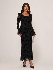 Rafferiza 女士优雅花卉印花长袖连衣裙 - 黑色 - 查看 4