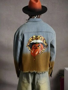 PAVTROS Áo khoác denim dài tay họa tiết da báo, họa tiết môi, thường ngày, mùa thu cho nam - Rửa nhẹ - Xem 1