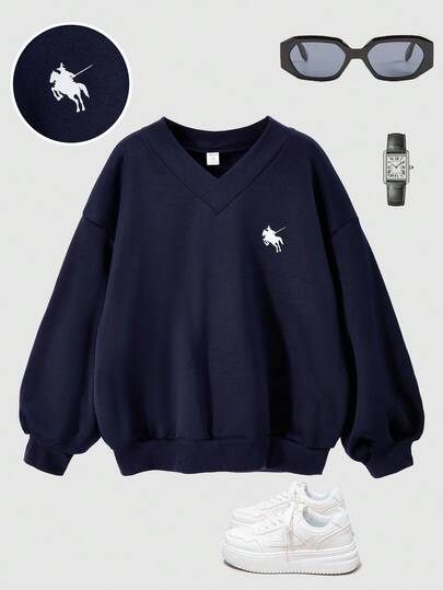 SHEIN 女童休闲纯色针织羊毛 V 领落肩罗纹下摆套头衫，舒适秋冬穿着