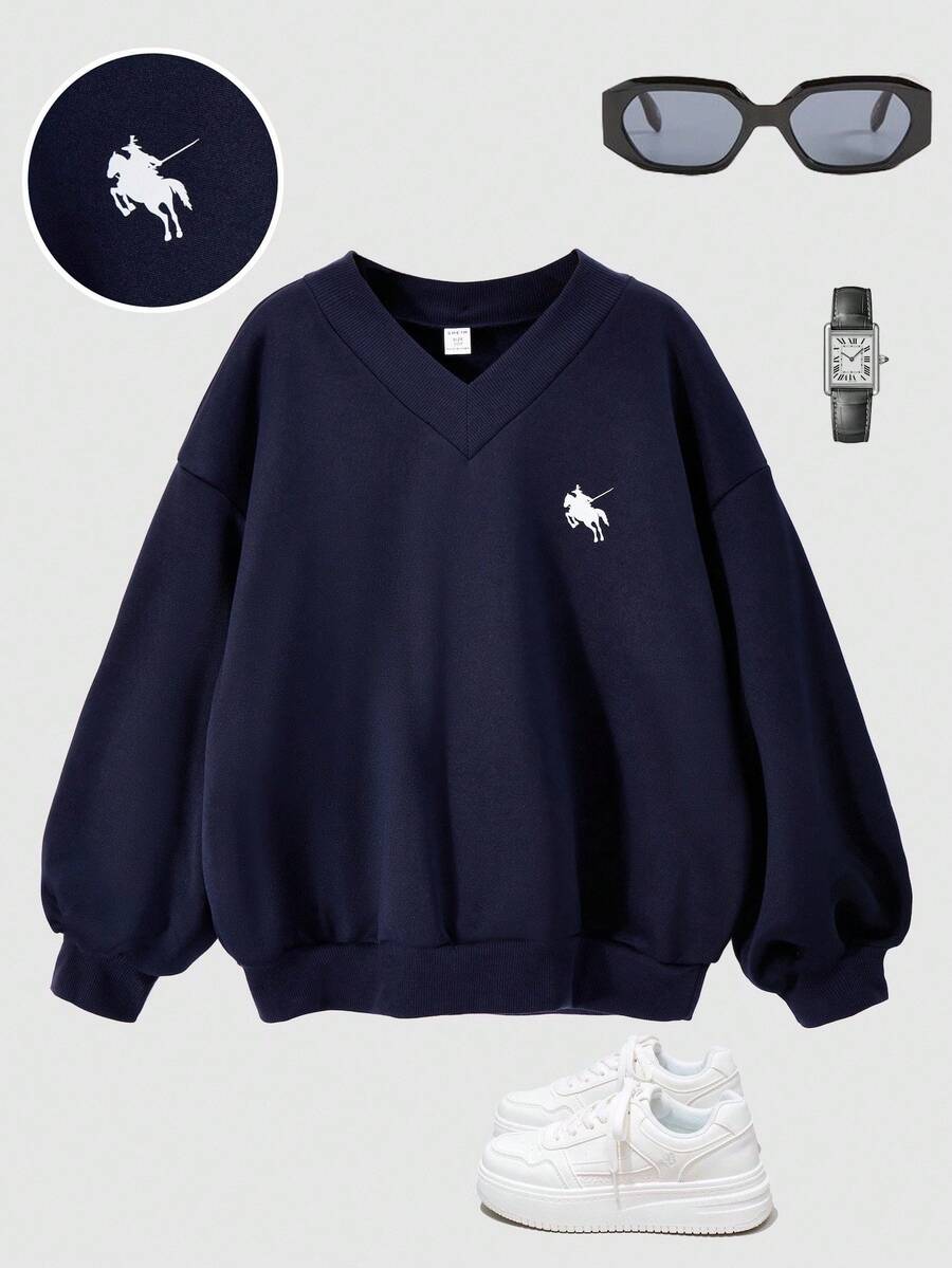 SHEIN Sudadera holgada de punto con cuello en V, hombros caídos y dobladillo acanalado, de unicolor y de felpa, cómoda para otoño/invierno - Azul Marino - Ver 1