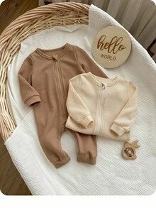 SHEIN 2pcs Newborn Baby Girl Baby Boy Daily Basic Neutral Cute Solid Color Knitted Long Sleeve Jumpsuit, Autumn/Winter Fall