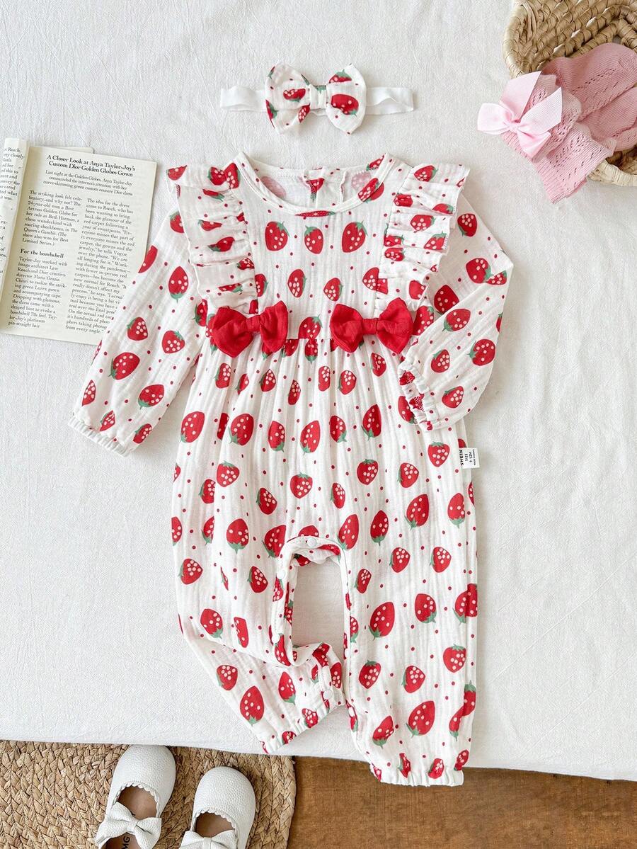 SHEIN Salopetă pentru bebeluși cu imprimeu dulce de căpșuni, cu funde și bentiță, potrivită pentru primăvară/toamnă toamnă-iarnă, 1 bucată - Roz - Vizualizare 1
