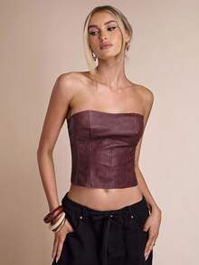 SHEIN BAE Áo Bandeau ôm sát màu trơn thời trang gợi cảm dành cho nữ - Màu Khaki - Xem 3