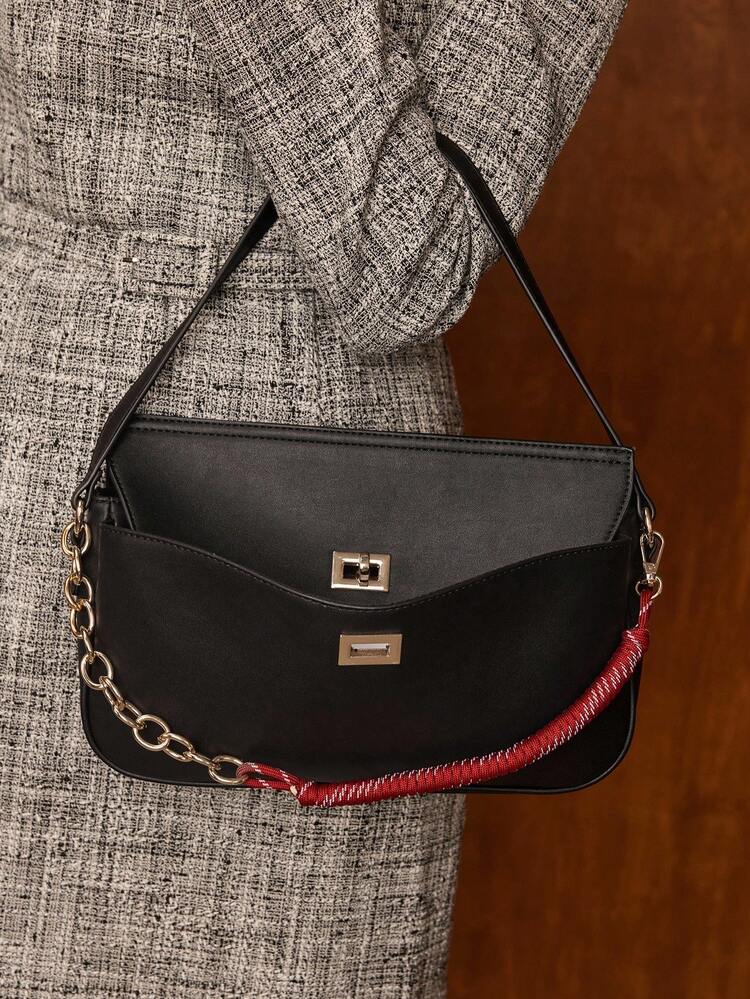 PU LEATHER CHAIN DETAIL SHOULDER BAG