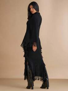 Silquee 女式纯色高领流苏袖口修身优雅针织连衣裙，秋季 - 黑色 - 查看 2