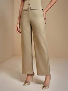 JIAN LASALA Mid-Waist Straight Leg Solid Woven Casual Pants Women Autumn Casual Wear Fall For Women Going Out Party Pants New Year Wedding Guest Luxury Stylish Collection - Yellow - View 5