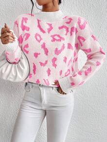 EMERY ROSE Áo len chui đầu dài tay họa tiết da báo dáng rộng thoải mái cho nữ, mùa thu - trắng - Xem 3