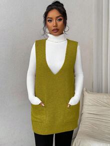 EMERY ROSE Women's Solid Color Deep V-Neck Pocket Design Casual Loose Knitted Vest, Autumn/Winter - Green - View 3