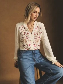 Poéselle Casual Loose Long Sleeve Embroidered Women Shirt, Suitable For Daily Wear, Boho Blouses, Boho Tops, Floral Blouses, Embroidered Blouses