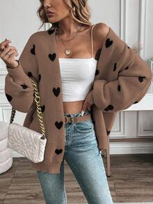 EMERY ROSE V-Neck Heart Print Knitted Cardigan For Women - Multicolor - View 3