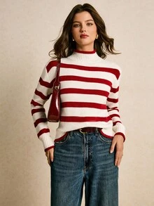 Poéselle 女式休闲拼色条纹立领毛衣，秋冬 - 紅白色 - 查看 8