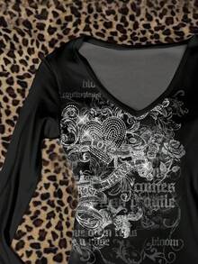 Attitoon 朋克翼、心形和十字图案 V 领长袖 T 恤，适合女性、万圣节、Y2K 风格、街头服饰、复古、返校、怀旧、秋季、度假、休闲装、秋冬、嘻哈、风格核心美学、哥特、赛博哥特 - 白色 - 查看 8